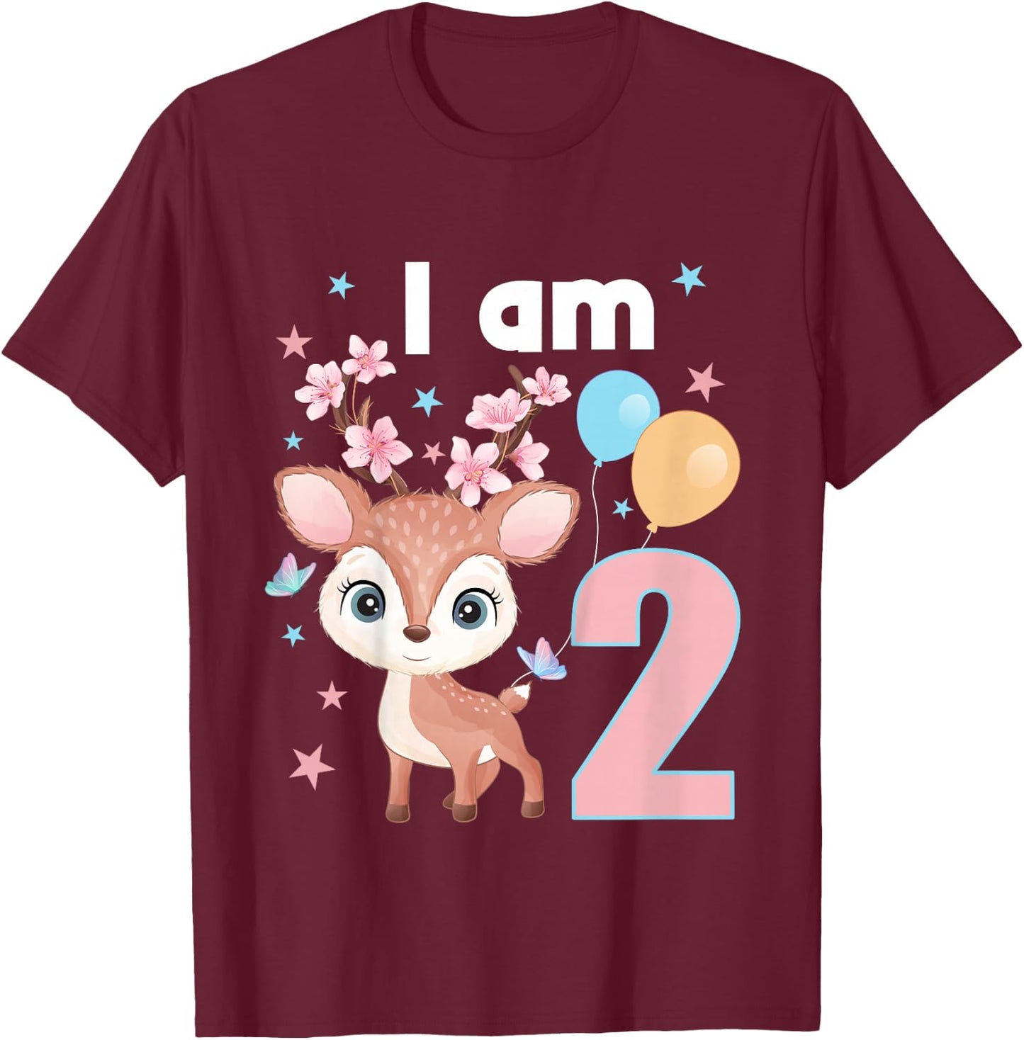 Kids 2 Years old 2 birthday outfit Boy girl Deer T-Shirt - T-Shirt | Maroon