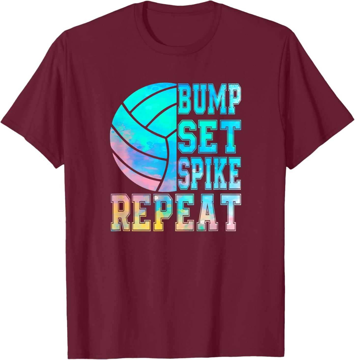 Colorful Teen Girls Volleyball Bump Set Spike Repeat T-Shirt - T-Shirt | Maroon