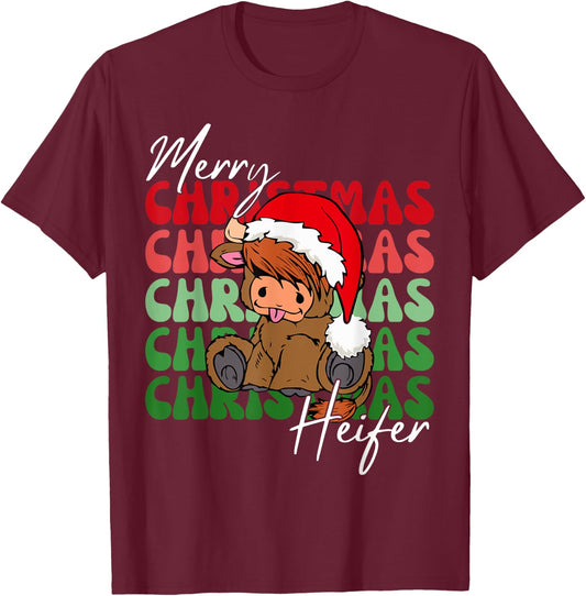 Merry Christmas Heifers Christmas Cow Xmas Farm Animals T-Shirt - T-Shirt | Maroon