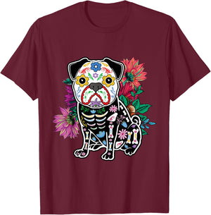 Floral Pug Dog Lover Souls Day Of Dead Dia De Los Muertos T-Shirt - T-Shirt | Maroon