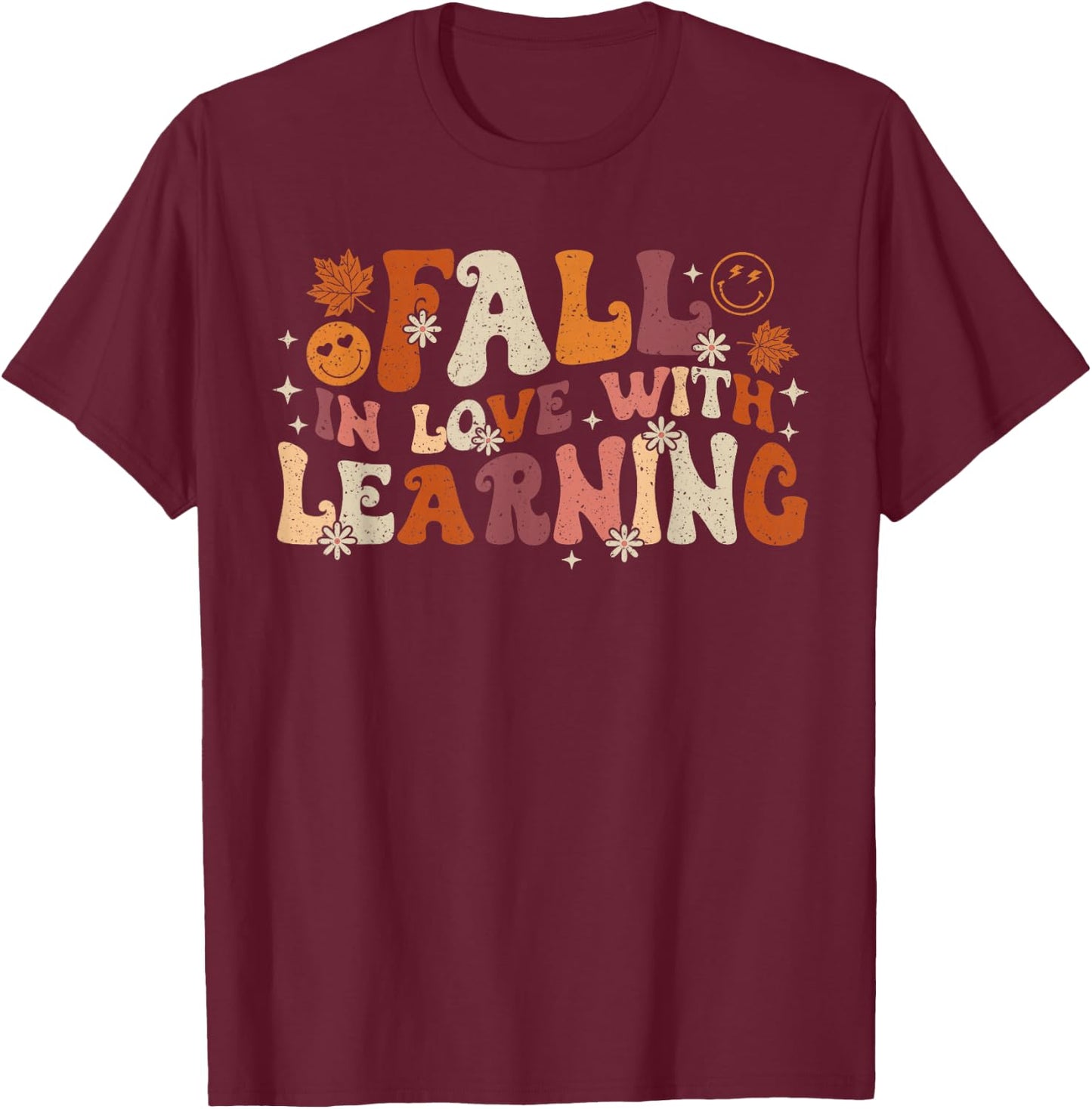 Fall In Love With Learning Autum Thanksgiving Teacher Kids T-Shirt - T-Shirt | Maroon