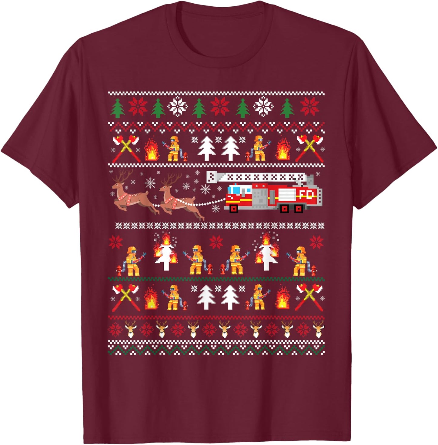 Firefighter Ugly Christmas Sweater, Fireman Fire Firefighter T-Shirt - T-Shirt | Maroon