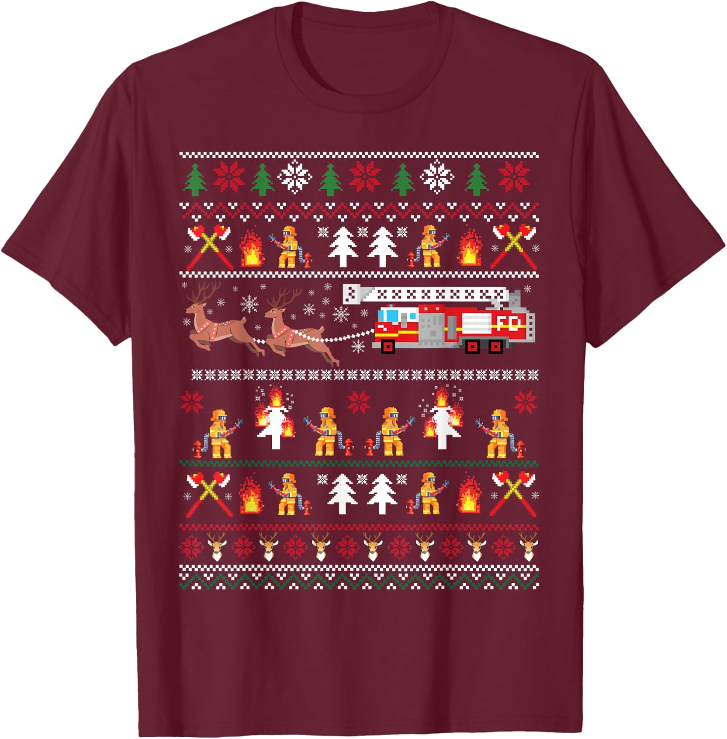 Firefighter Ugly Christmas Sweater, Fireman Fire Firefighter T-Shirt - T-Shirt | Maroon