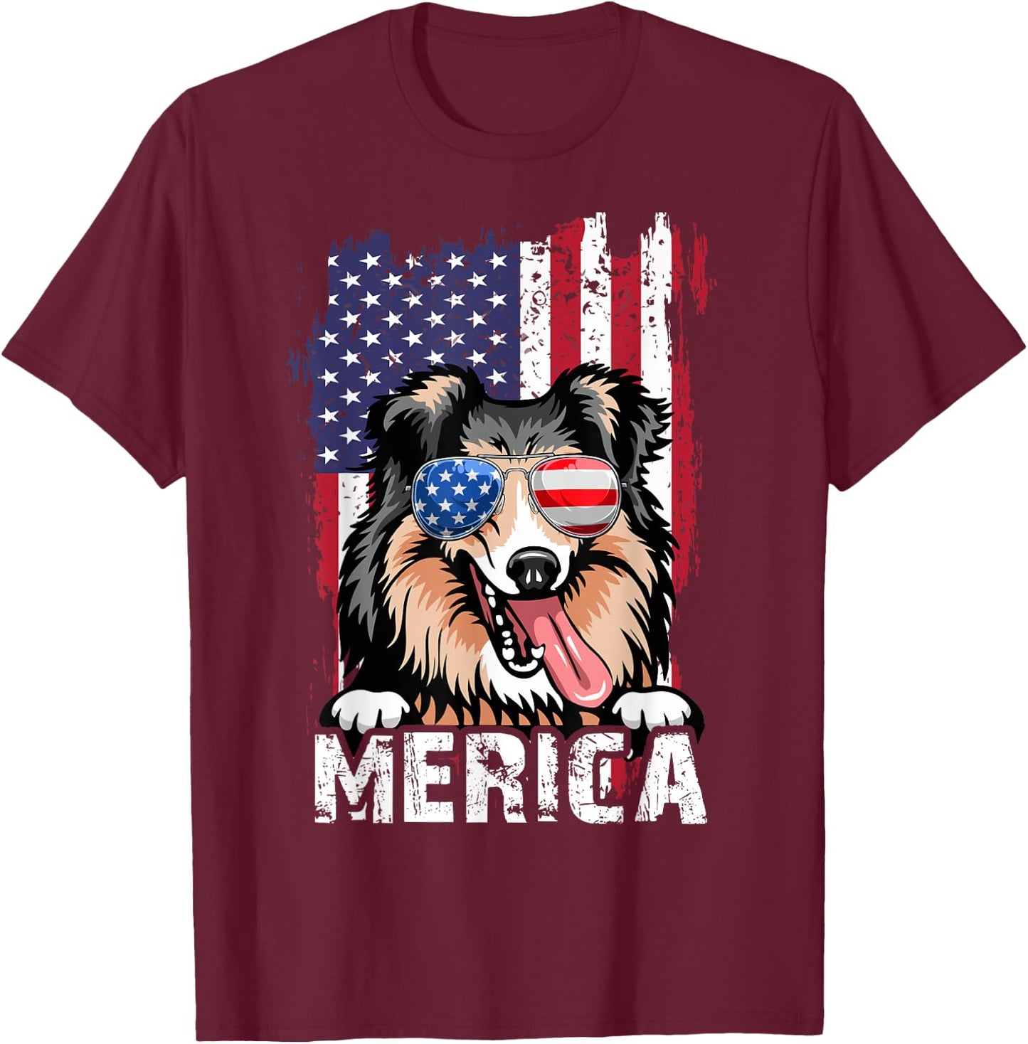 Merica 4th of July Shetland Sheepdog US Flag Sheltie Mom Dad T-Shirt - T-Shirt | Maroon
