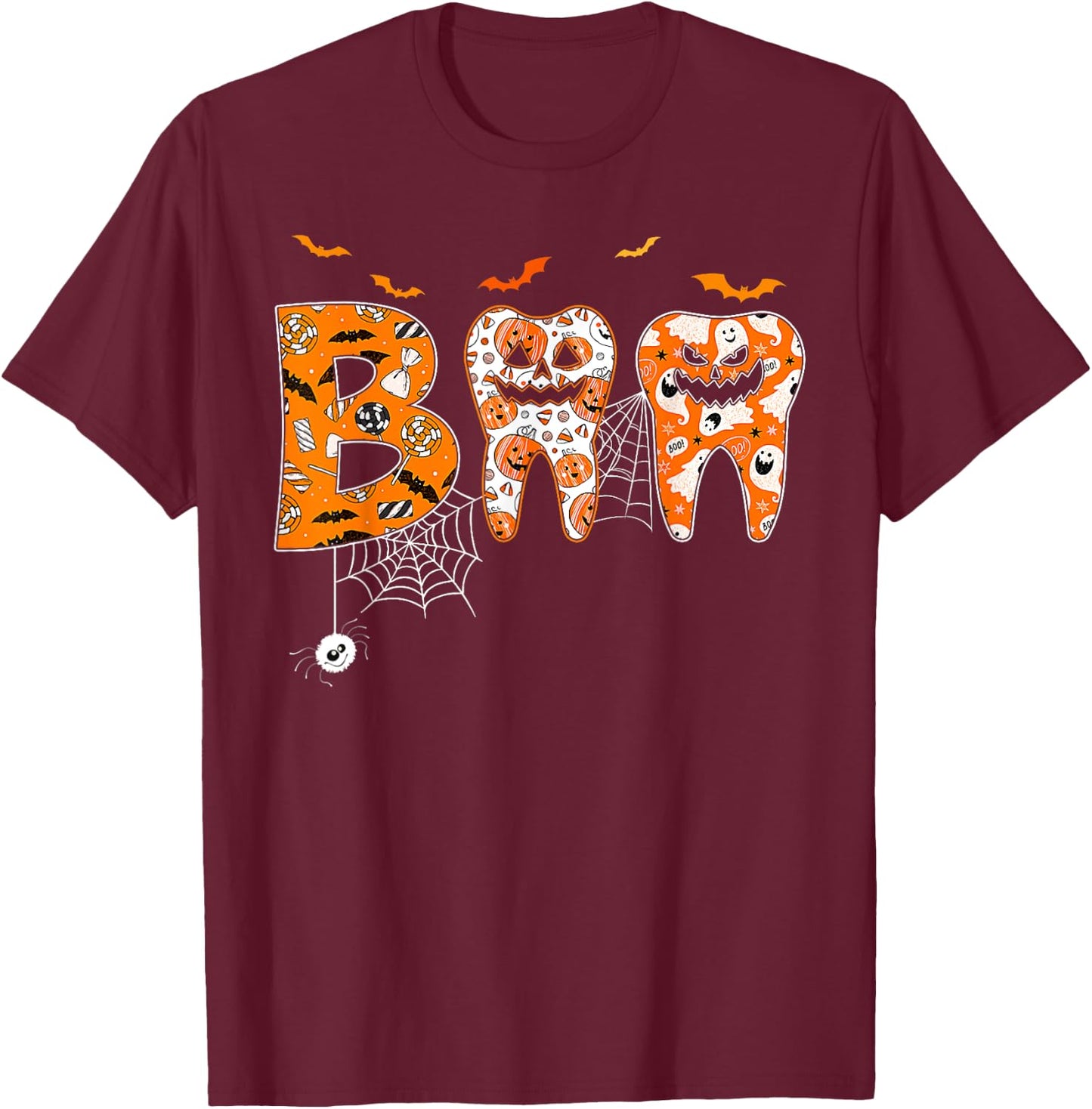 Boo Teeth Pumpkin Dentist Dental Hygienist Halloween T-Shirt - T-Shirt | Maroon