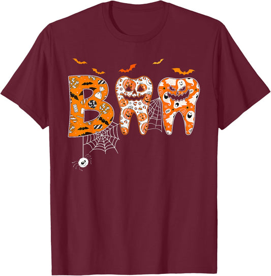 Boo Teeth Pumpkin Dentist Dental Hygienist Halloween T-Shirt - T-Shirt | Maroon