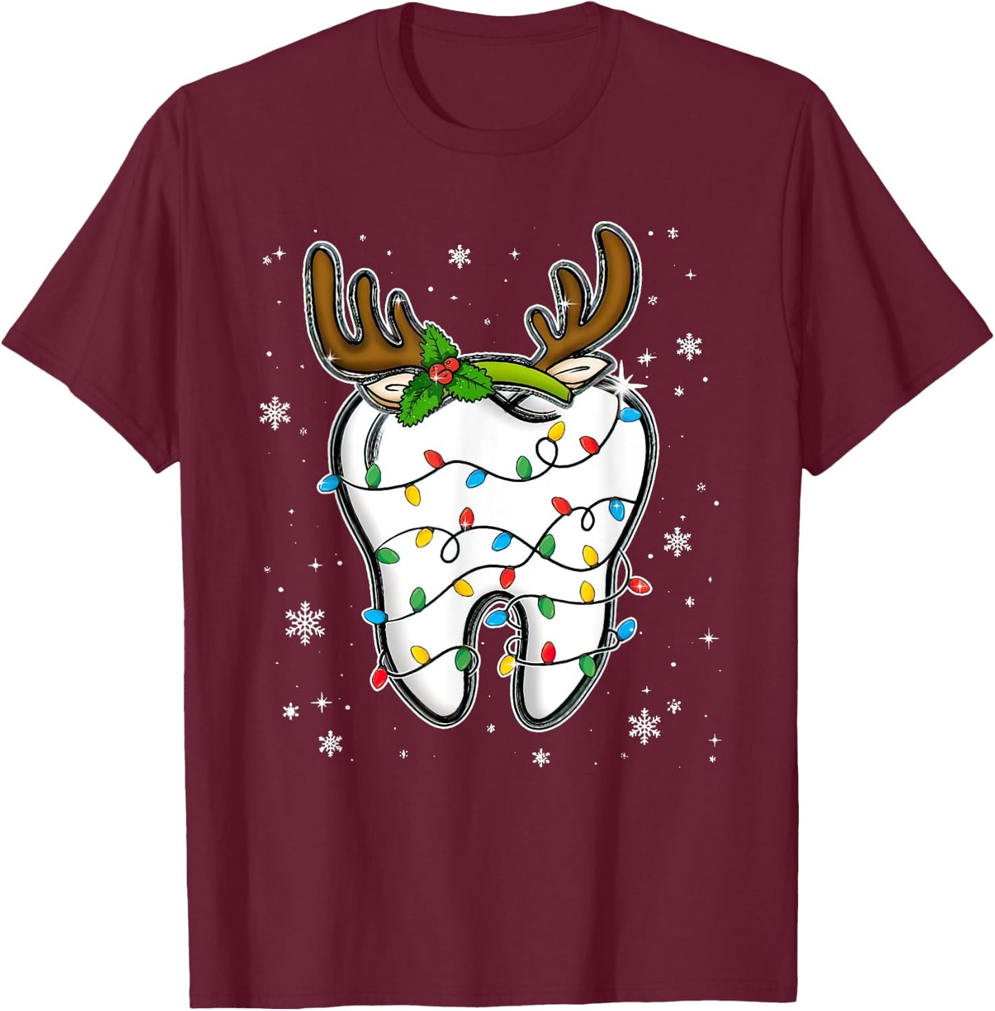 Christmas Dentist Dental Tooth Light Xmas T-Shirt - T-Shirt | Maroon