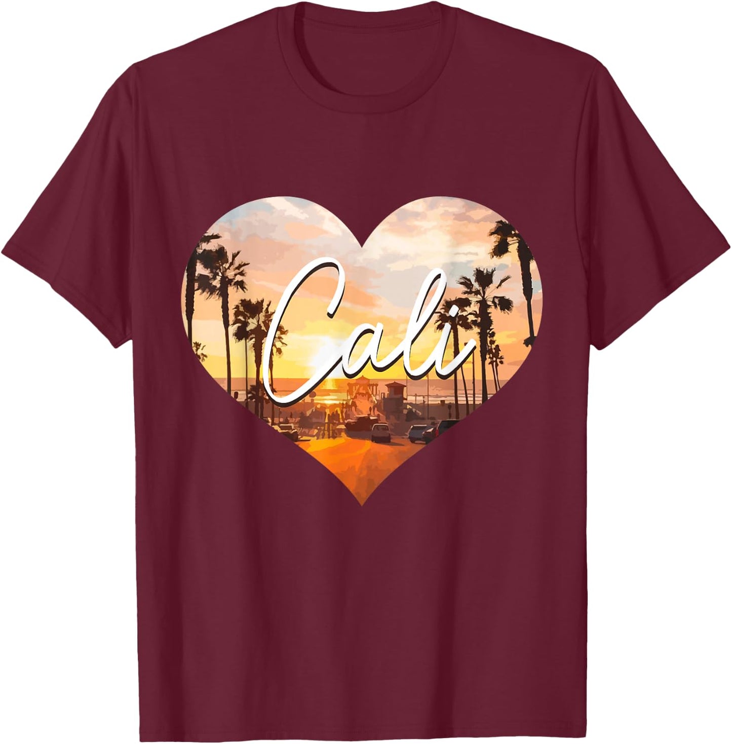 California Cali Vintage Sunset Heart Retro T-Shirt - T-Shirt | Maroon