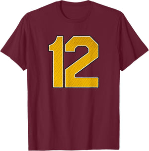 Gold Number 12 Athlete Sports Jersey Supporter Fanwear T-Shirt - T-Shirt | Maroon