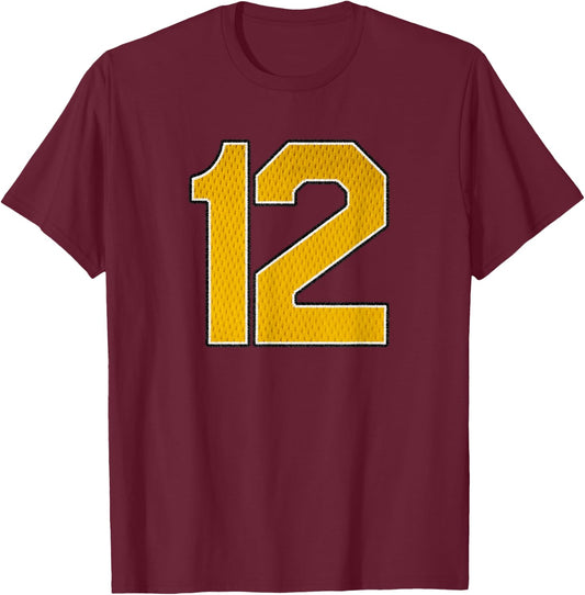 Gold Number 12 Athlete Sports Jersey Supporter Fanwear T-Shirt - T-Shirt | Maroon
