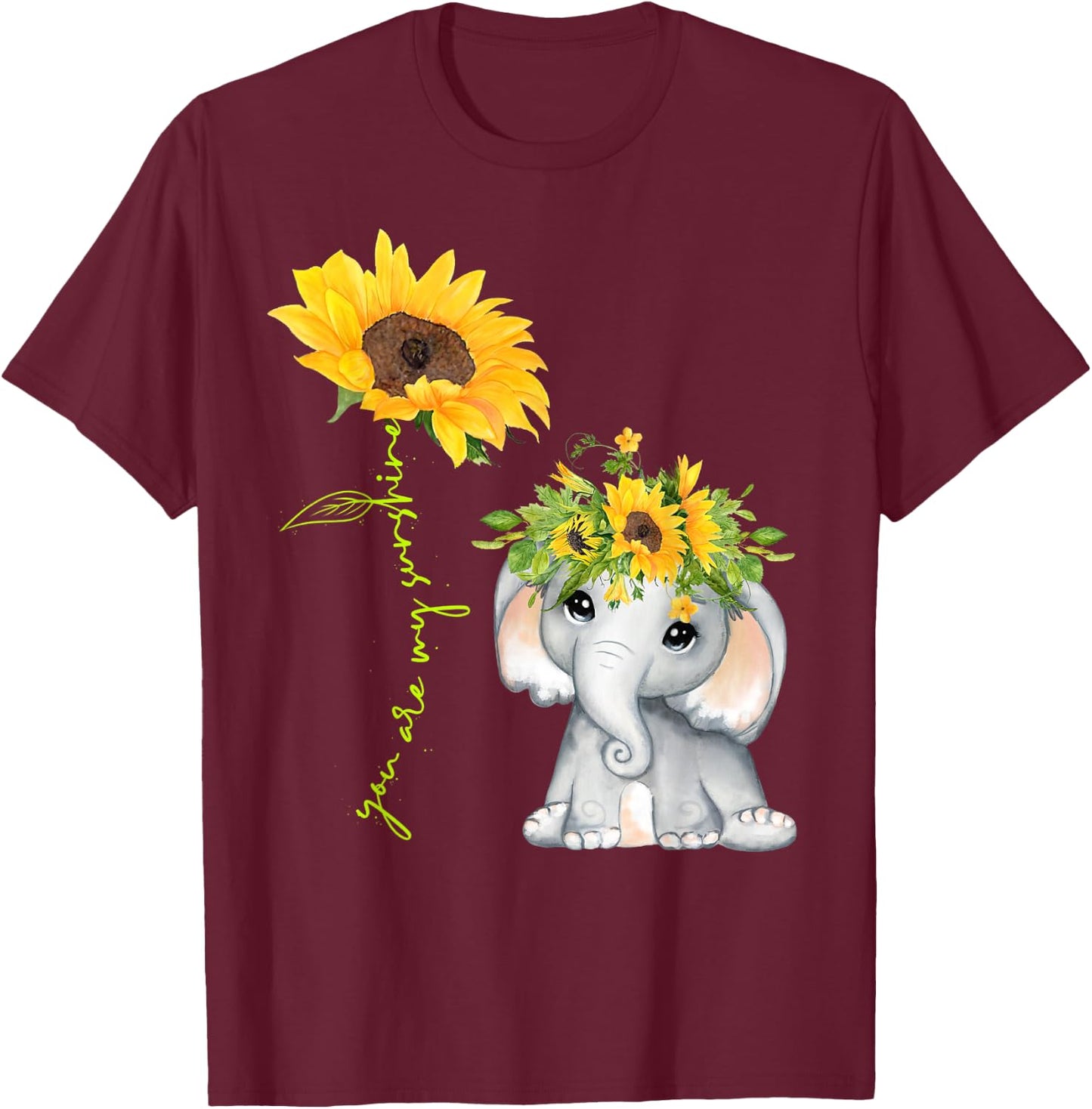 Cute Elephant Sunflower Love Sunshine Flower Lover T-Shirt - T-Shirt | Maroon