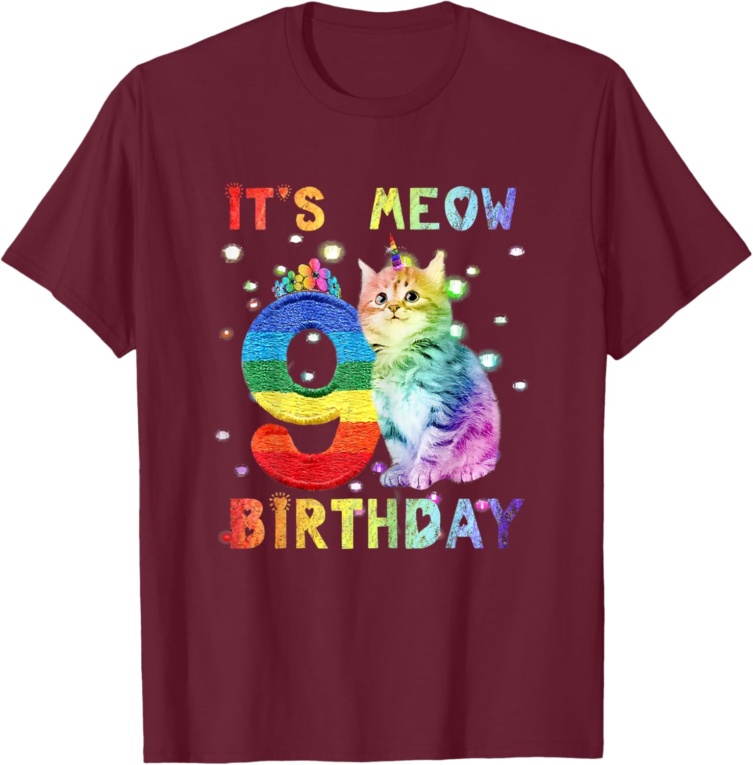 Cute 9th Birthday Cat Unicorn 9 Years Old Rainbow Girl Teens T-Shirt - T-Shirt | Maroon