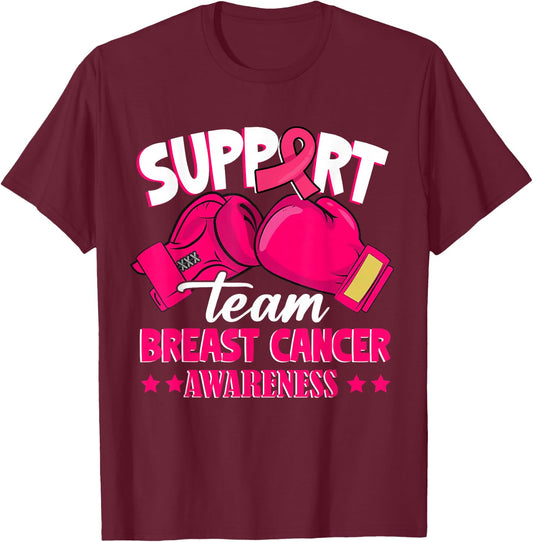 Support Team Boxing Gloves Pink Ribbon Breast Cancer Gifts T-Shirt - T-Shirt | Maroon