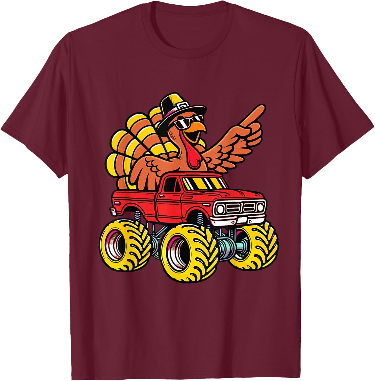 Thanksgiving Turkey Riding Monster Truck Kids Boys T-Shirt - T-Shirt | Maroon