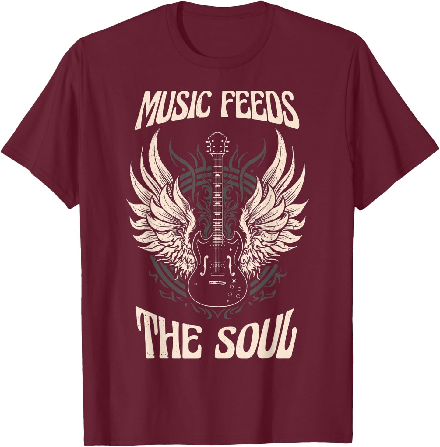 Guitar with Angel wings. Music feeds the soul. T-Shirt - T-Shirt | Maroon