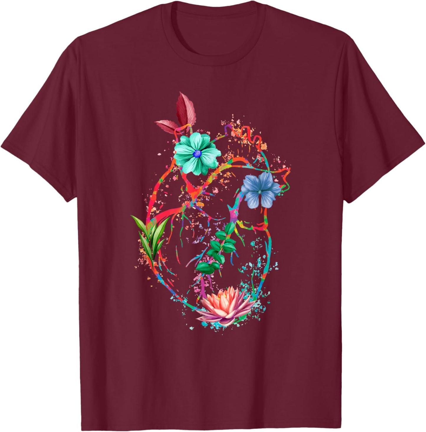 Anatomical Heart And Flowers Funny Men Women Cardiologist T-Shirt - T-Shirt | Maroon