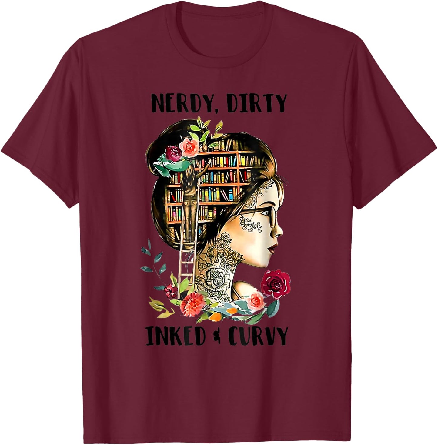 Vintage Nerdy Dirty Inked Curvy Girl Tattoo Reading Lover T-Shirt - T-Shirt | Maroon
