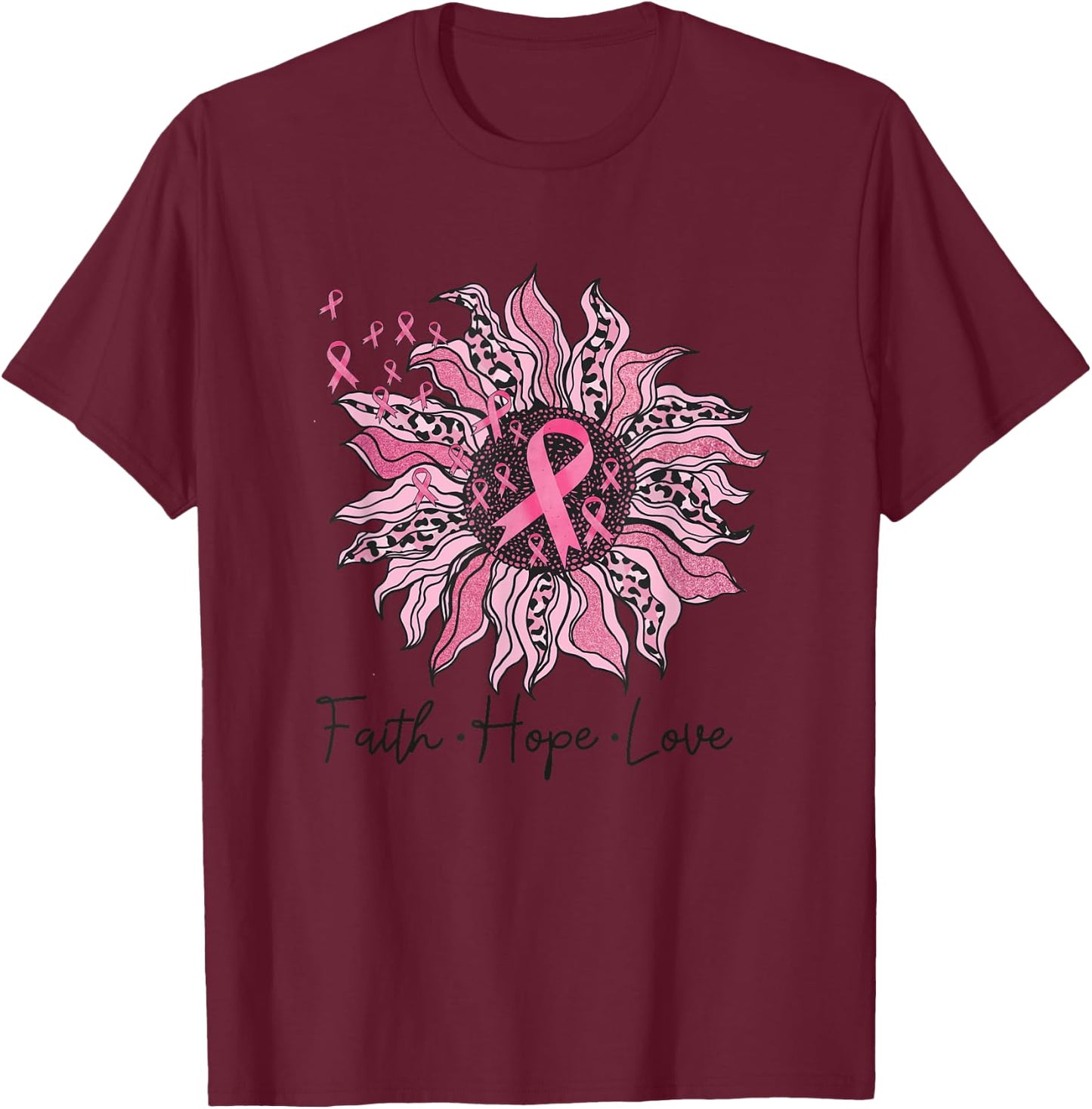 Faith Hope Love Sunflower Leopard Breast Cancer Awareness T-Shirt - T-Shirt | Maroon