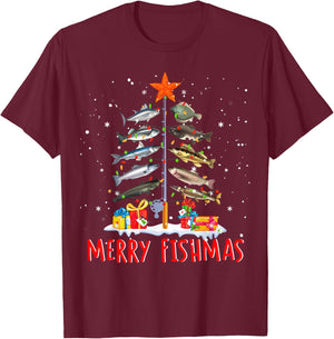 Funny Merry Fishmas - Christmas Tree Lights T-Shirt - T-Shirt | Maroon