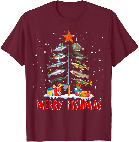 Funny Merry Fishmas - Christmas Tree Lights T-Shirt - T-Shirt | Maroon