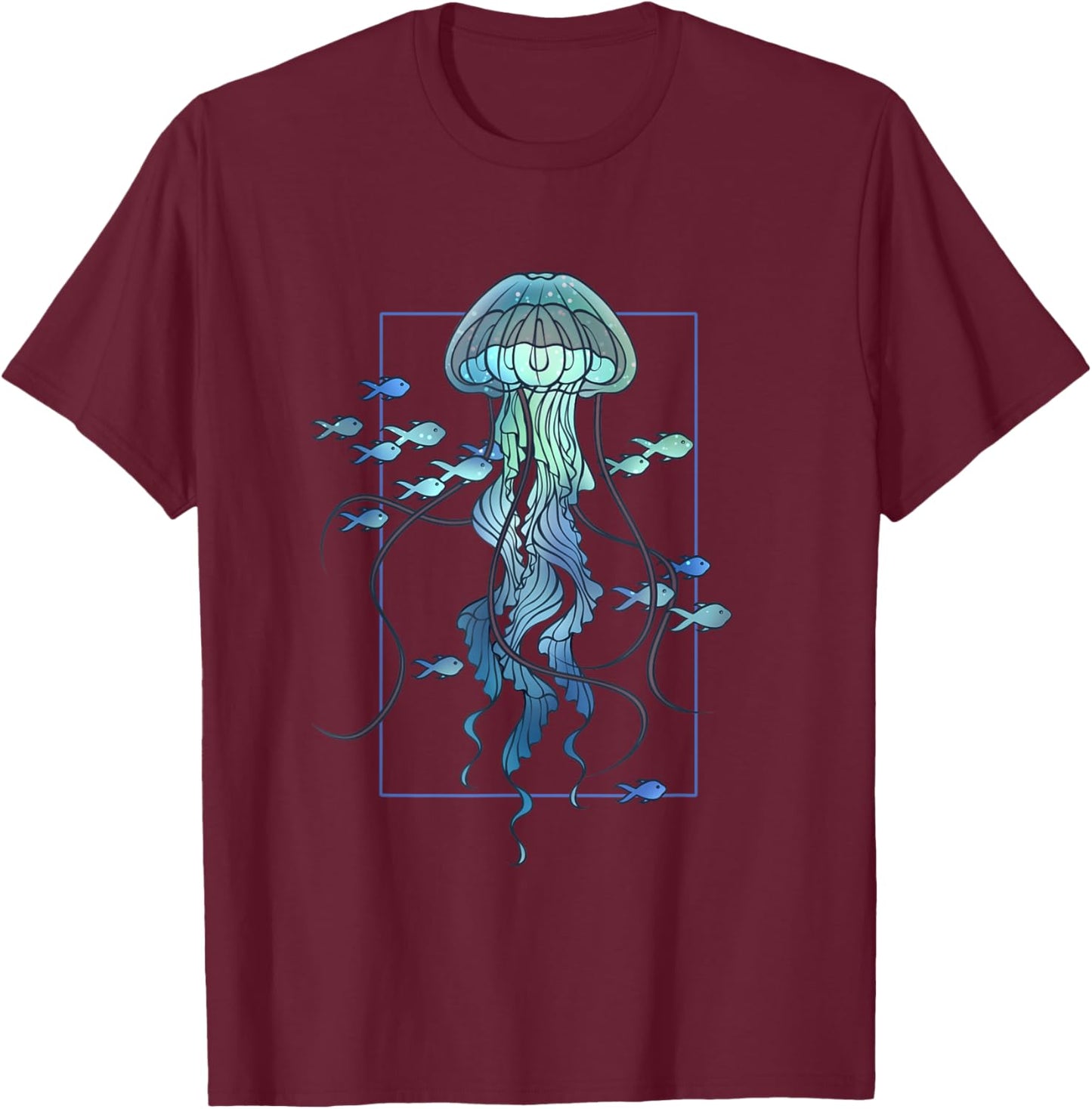 Graphic Jellyfish and Fishes in Sea T-Shirt - T-Shirt | Maroon