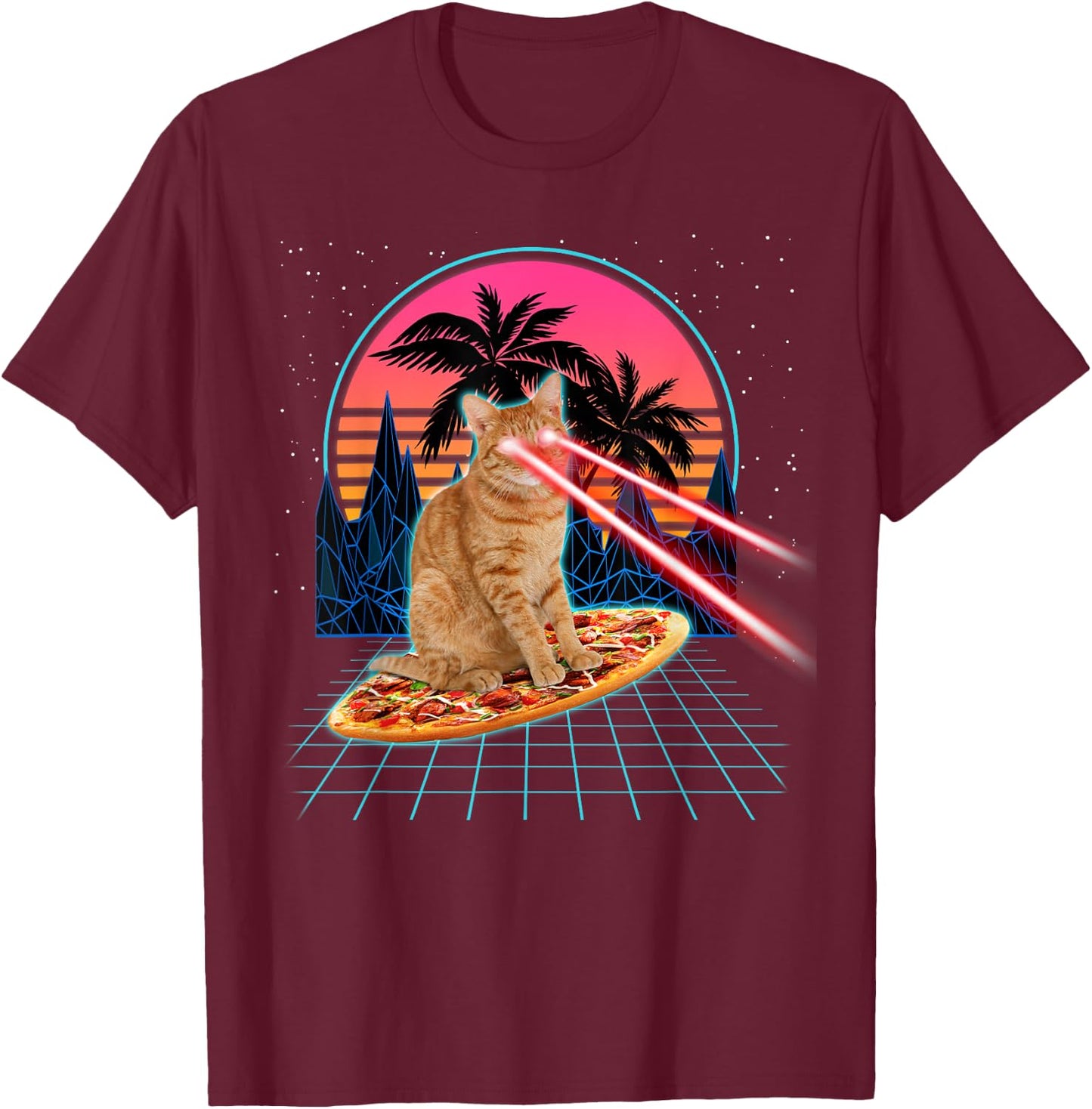 Cat Riding Pizza Laser Eyes 80s Cat In Space Cats Lovers Men Women Kids T-Shirt - T-Shirt | Maroon