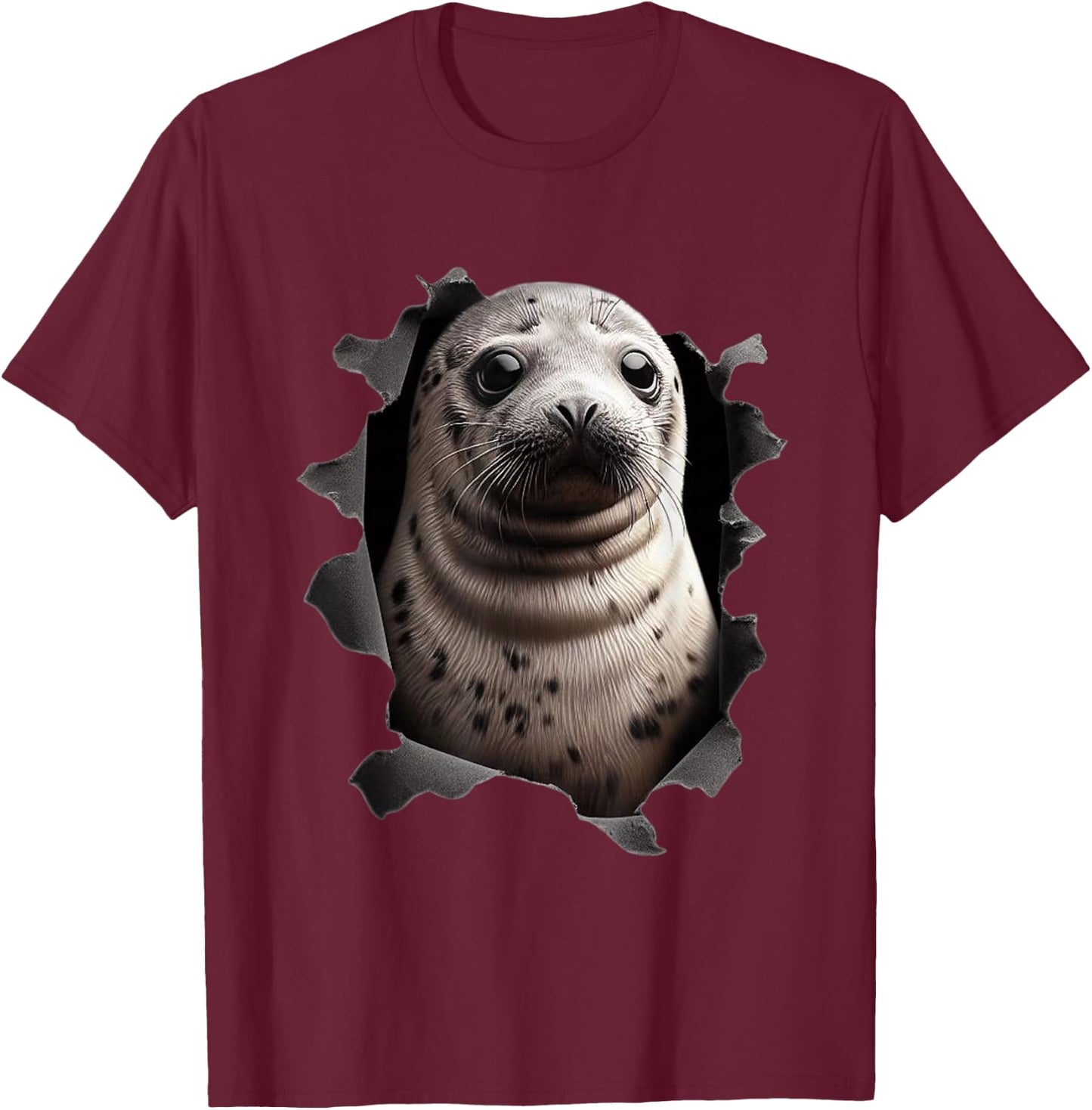 Baby seal looking out of torn cloth Funny Animal Lover T-Shirt - T-Shirt | Maroon