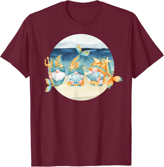 Cute Beach Mermaid Gnomes Women's Graphic T-Shirt - T-Shirt | Maroon