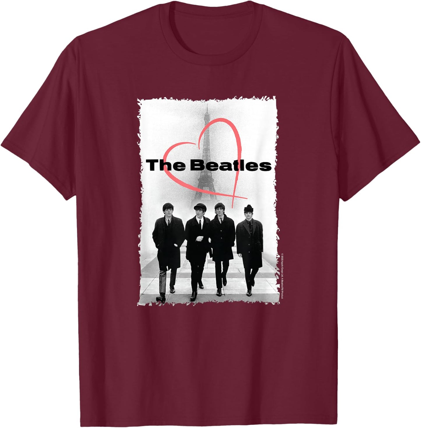 The Beatles Paris France Eiffel Tower Heart with Members T-Shirt - T-Shirt | Maroon