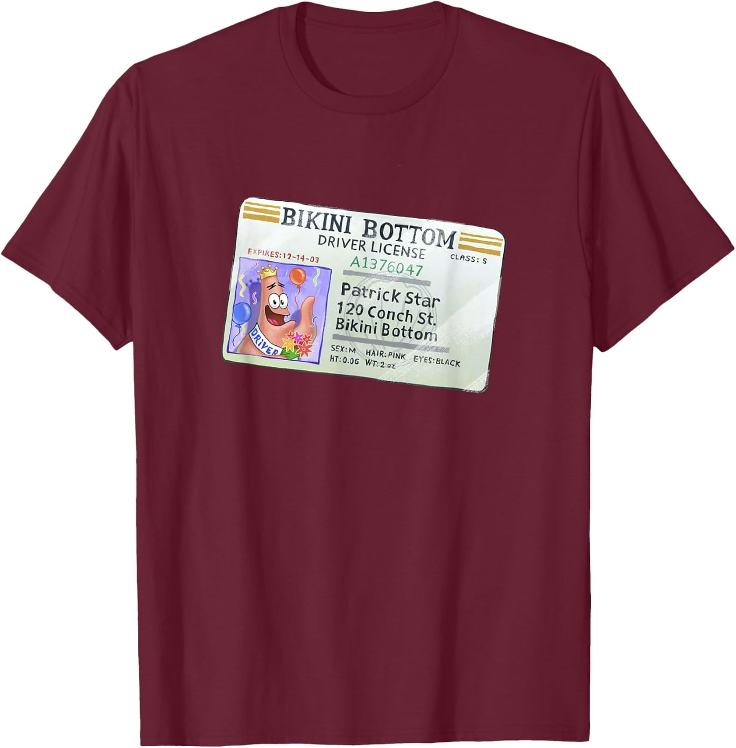 SpongeBob SquarePants Patrick Star Driver License King Logo T-Shirt - T-Shirt | Maroon