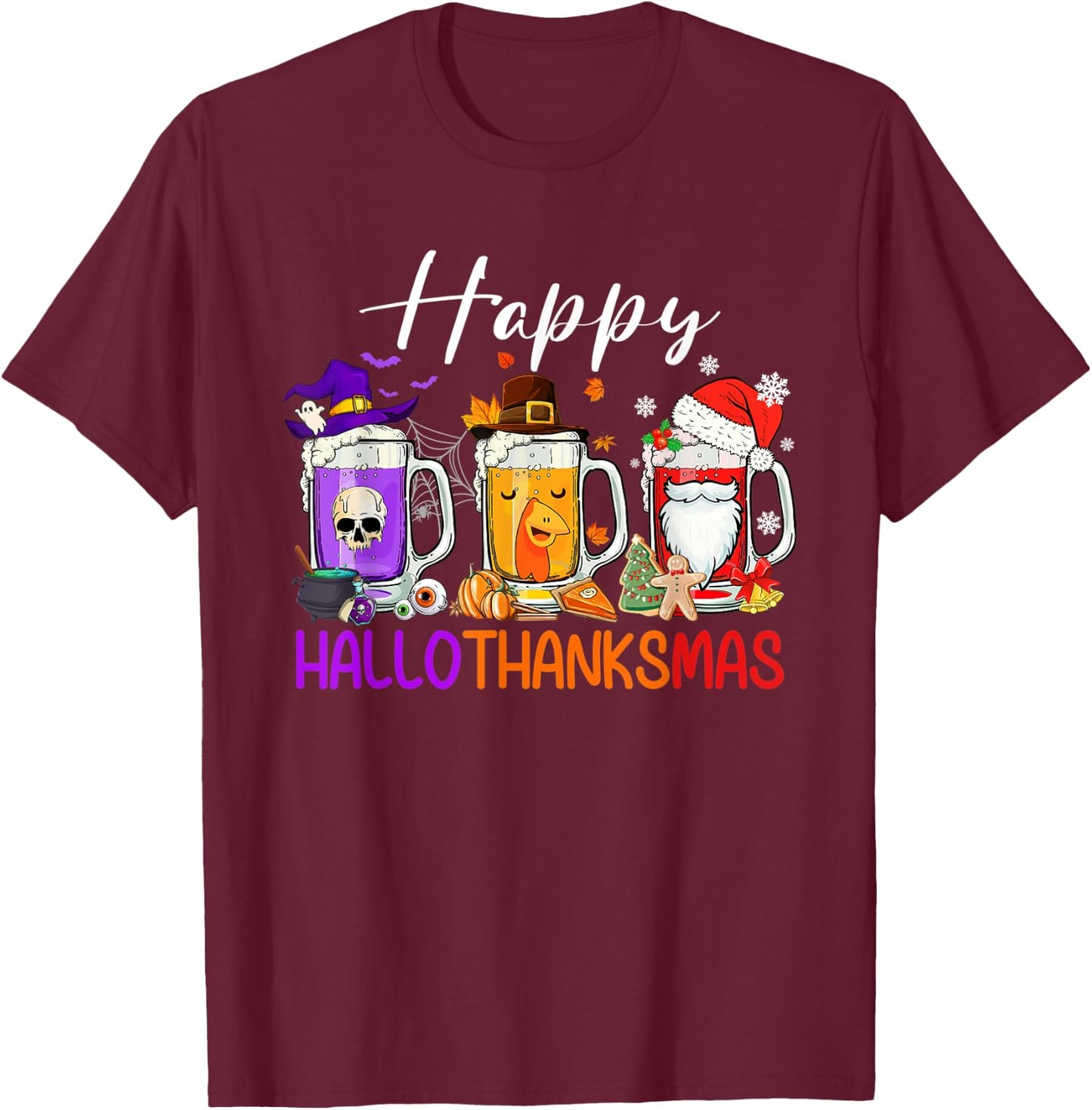 Happy Hallothanksmas Beer Halloween Thanksgiving Christmas T-Shirt - T-Shirt | Maroon