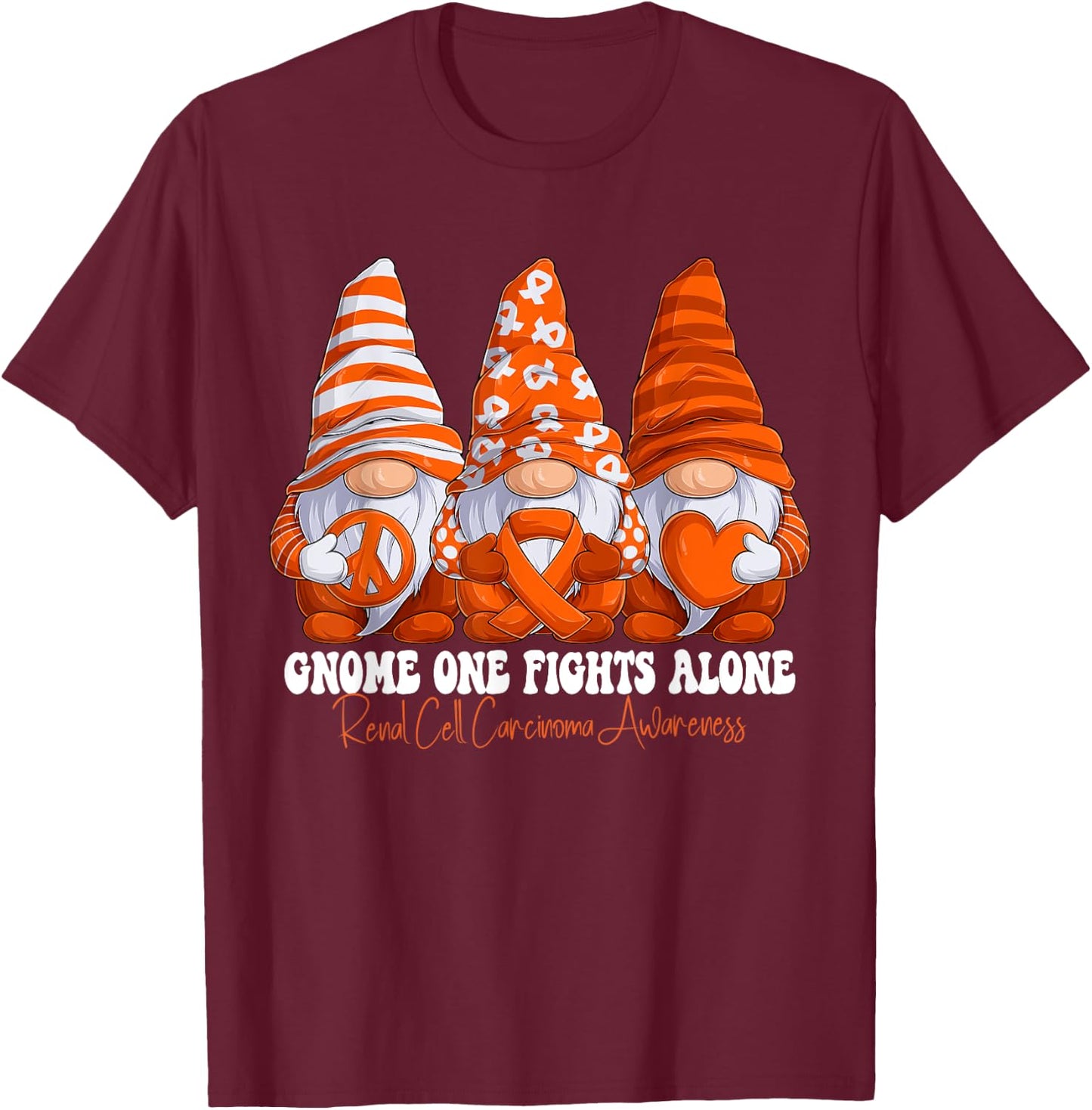 Renal Cell Carcinoma Awareness Month Orange Ribbon Gnomies T-Shirt - T-Shirt | Maroon