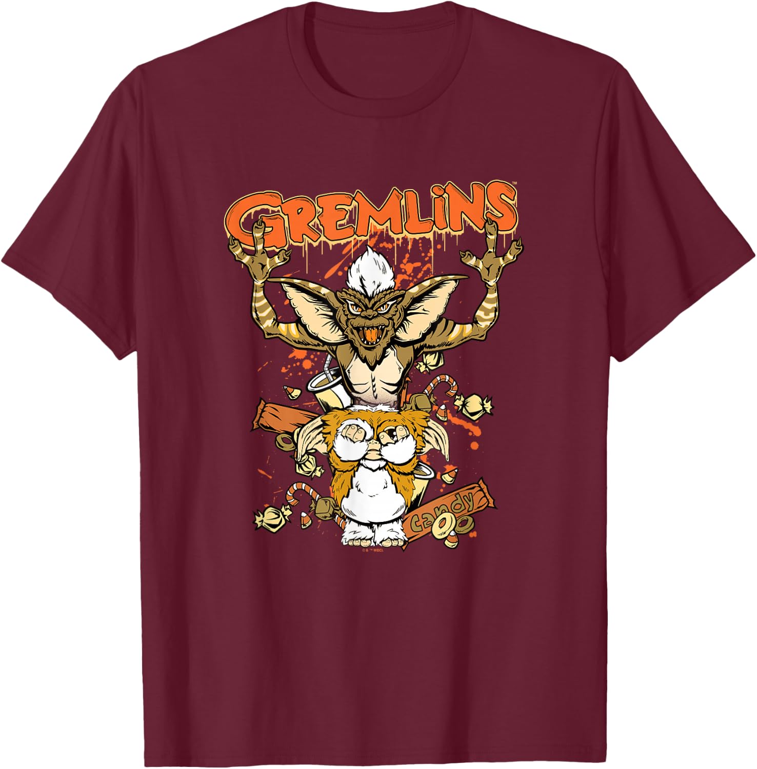 Gremlins Halloween Gizmo Candy Change Crunch T-Shirt - T-Shirt | Maroon