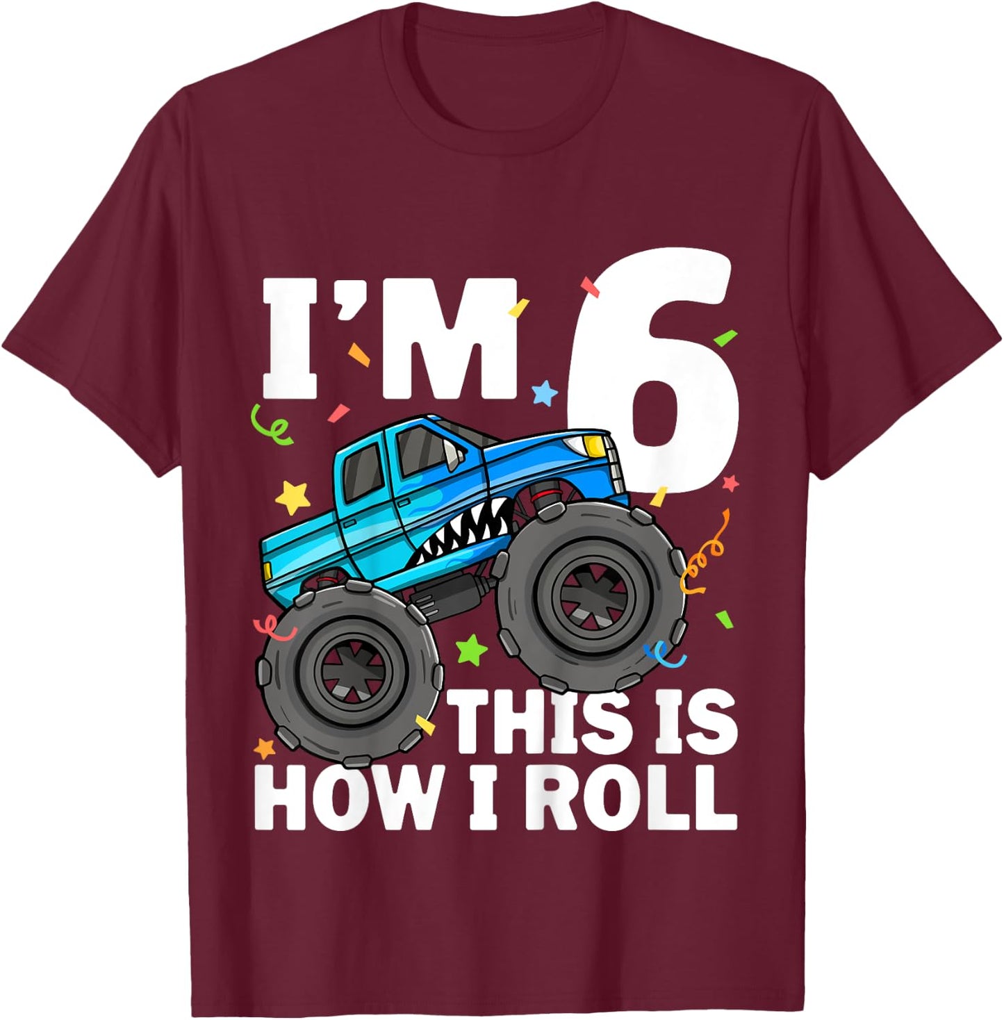 Kids Monster Truck Shark 6th Birthday Boy 6 Six Year Old T-Shirt - T-Shirt | Maroon