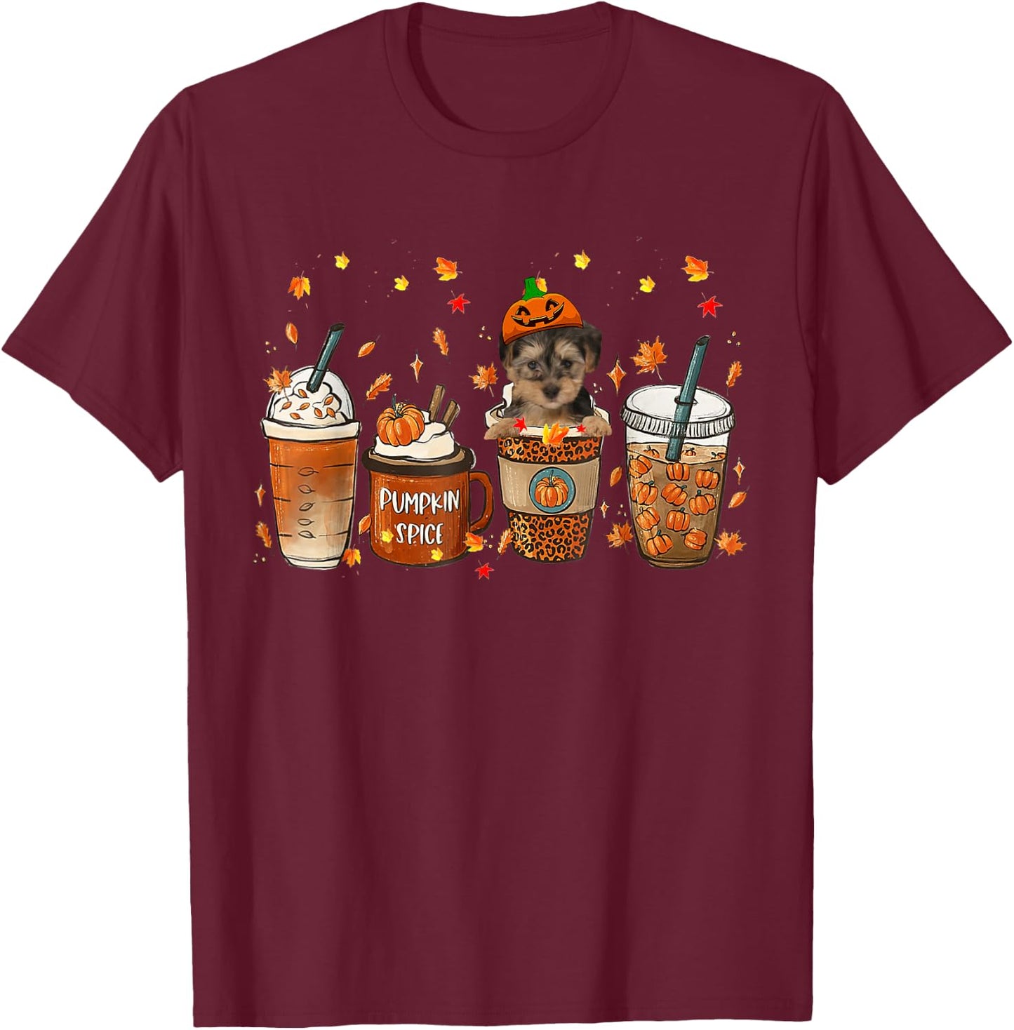 Yorkipoo Fall Coffee Pumpkin Spice Latte Iced Autumn T-Shirt - T-Shirt | Maroon