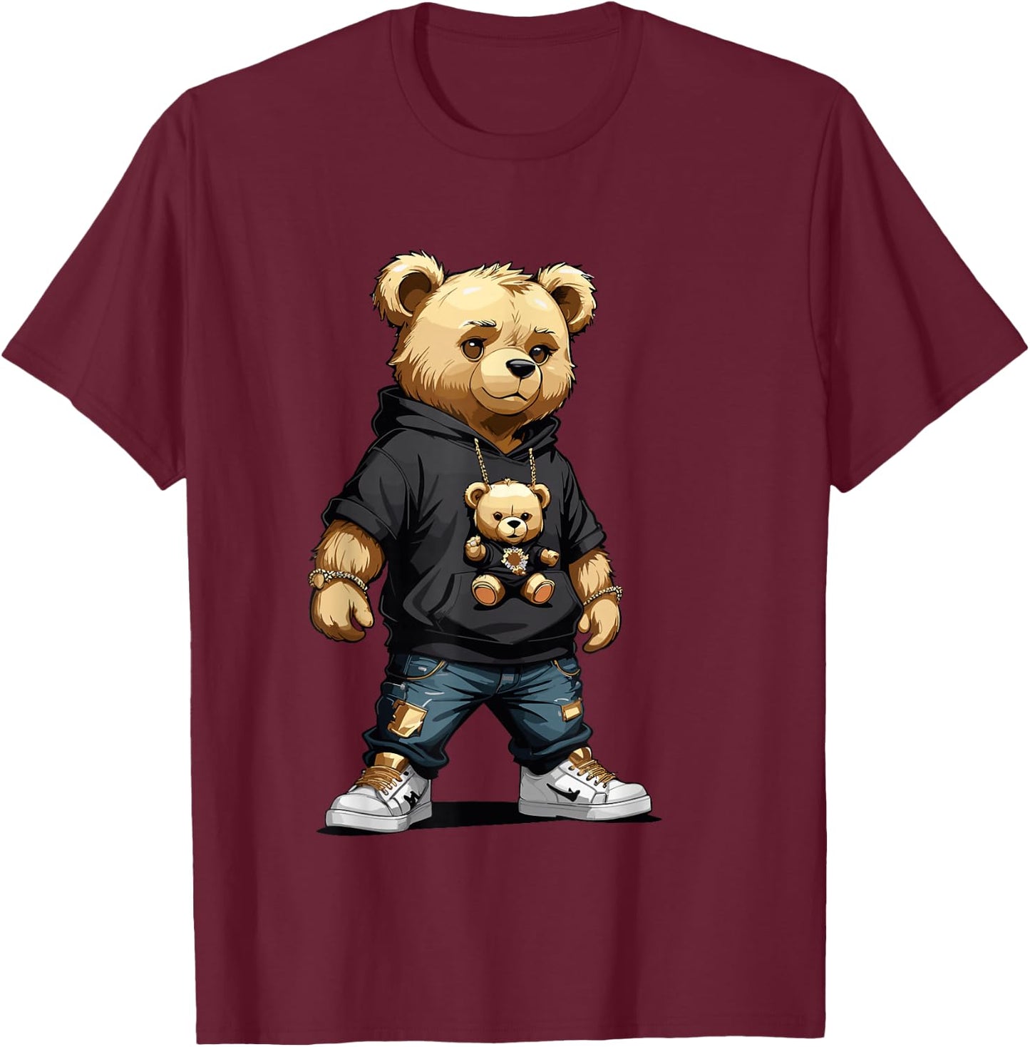 Teddy Bear Gangster in Hip Hop Street Clothes T-Shirt - T-Shirt | Maroon