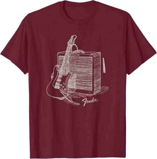 Fender Guitar Resting On Amplifier Retro Outline Image T-Shirt - T-Shirt | Maroon