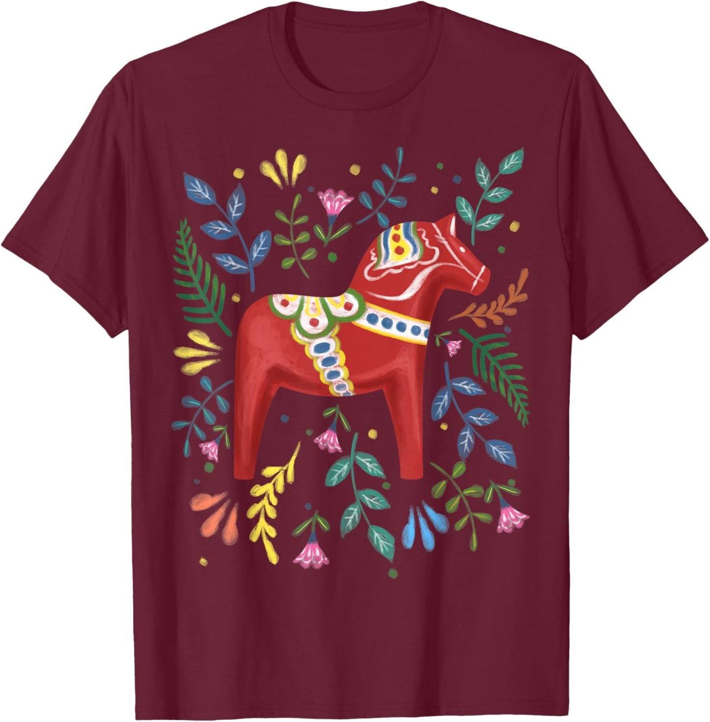 Swedish Dala Horse Folk Art Sweden Flag Dalahelmsoljd Horse T-Shirt - T-Shirt | Maroon