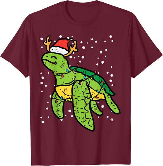 Sea Turtle Santa Christmas Lights Cute Xmas Men Women Kids T-Shirt - T-Shirt | Maroon