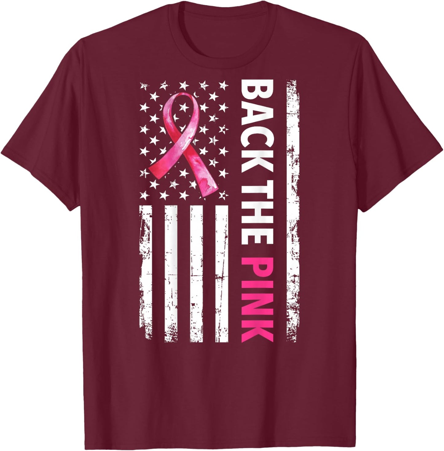 Back The Pink Ribbon USA American Flag Breast Cancer Support T-Shirt - T-Shirt | Maroon