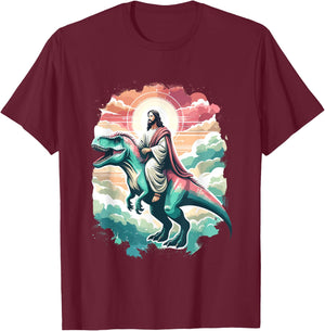Funny Jesus Riding T-Rex Dinosaur Meme Parody for Believers T-Shirt - T-Shirt | Maroon