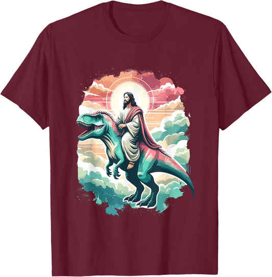 Funny Jesus Riding T-Rex Dinosaur Meme Parody for Believers T-Shirt - T-Shirt | Maroon
