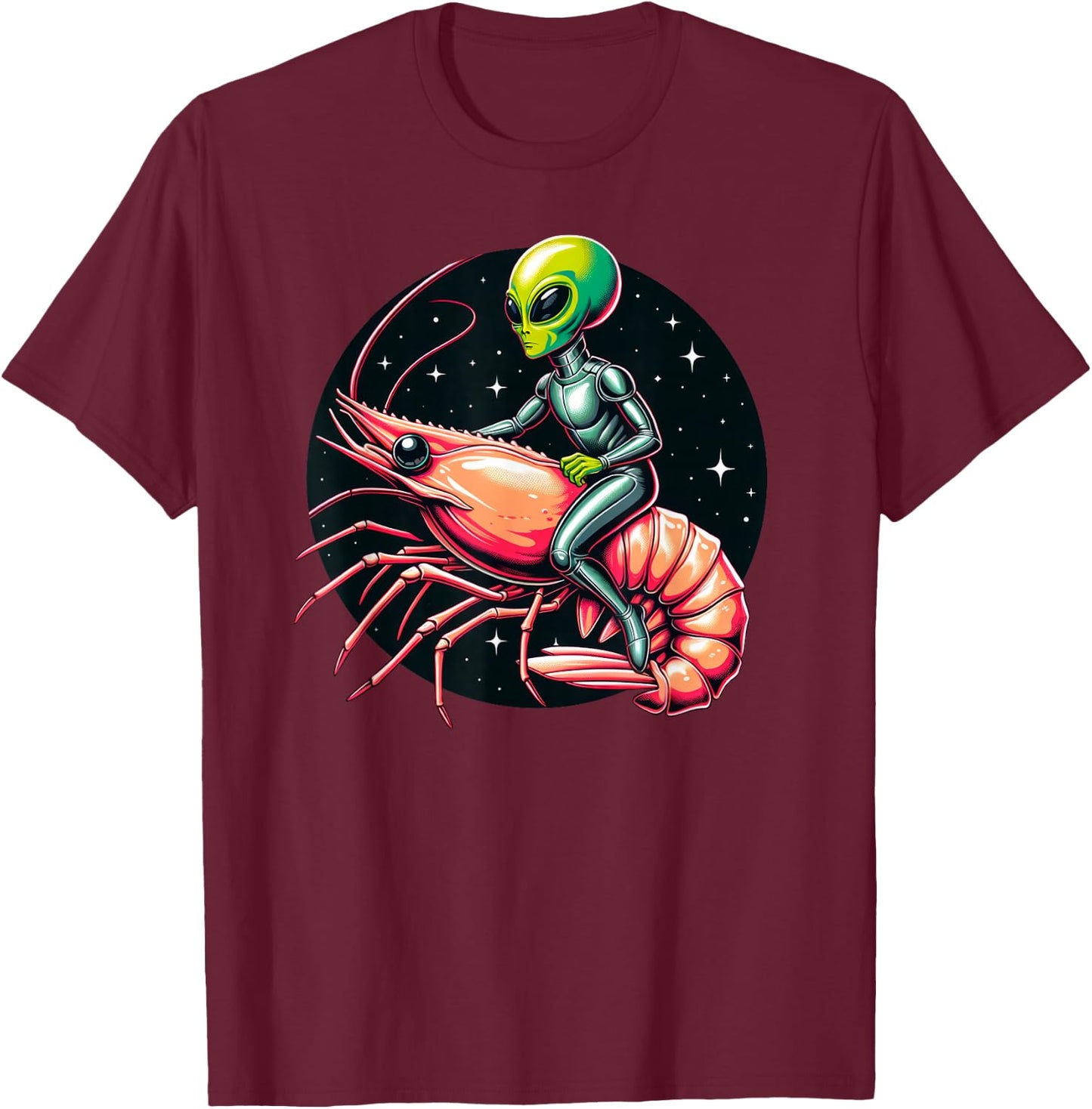 Funny Alien Riding Shrimp Humorous UFO T-Shirt - T-Shirt | Maroon