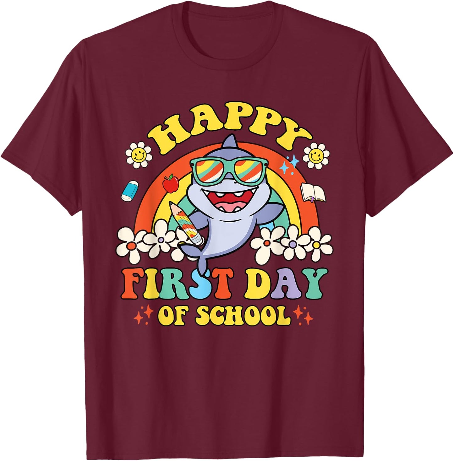 Groovy Happy First Day Of School Cute Shark Rainbow T-Shirt - T-Shirt | Maroon