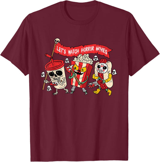 Lets Watch Horror Movies Halloween Funny Ghost Skeleton T-Shirt - T-Shirt | Maroon