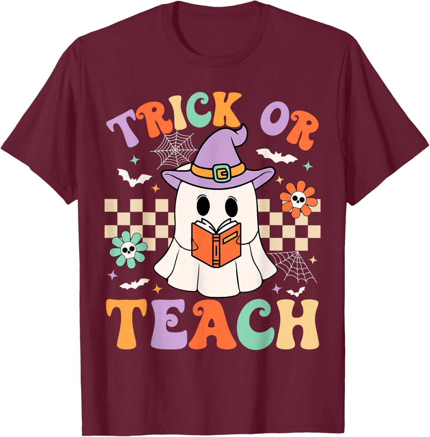 Trick Or Teach Groovy Teacher Halloween Retro Floral Ghost T-Shirt - T-Shirt | Maroon