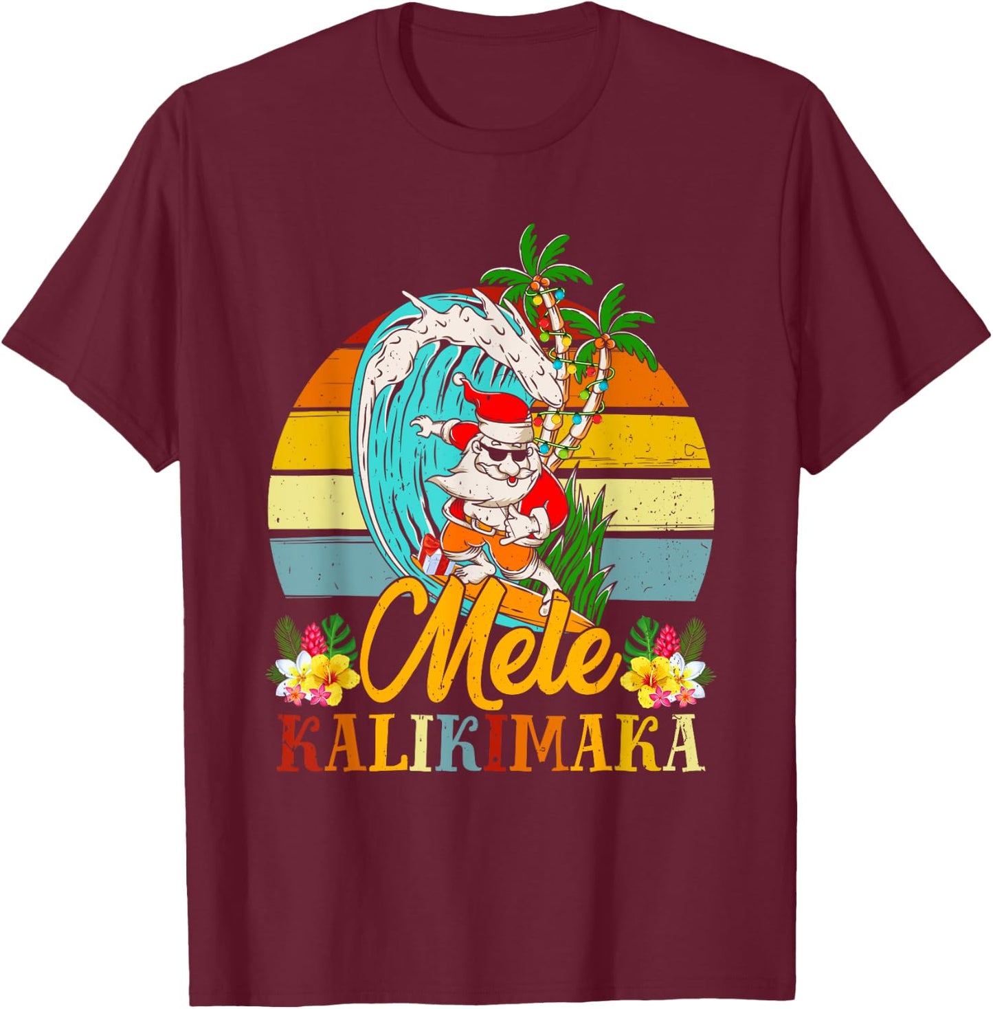 Mele-Kalikimaka Retro Christmas Santa Shaka Hawaii T-Shirt - T-Shirt | Maroon