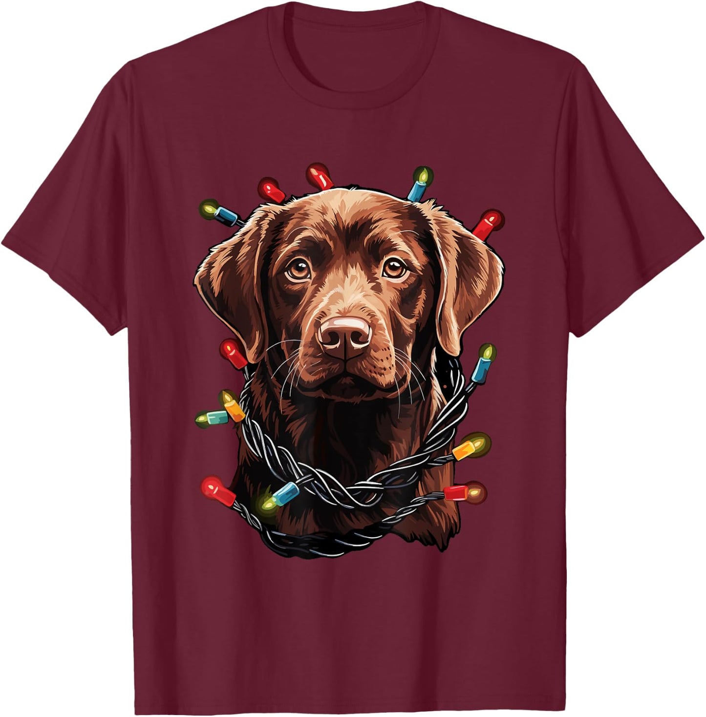 Chocolate Labrador Dog Christmas Lights Santa Hat Xmas T-Shirt - T-Shirt | Maroon