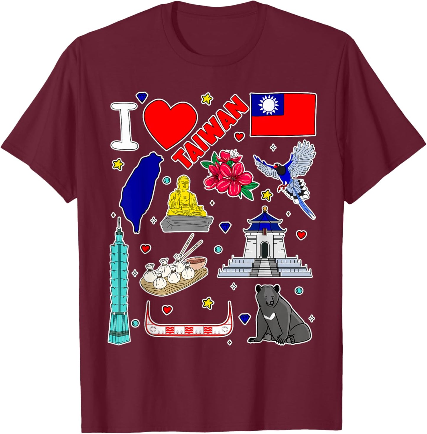 Taiwanese hand drawn symbols, Taiwan map, cultural icons T-Shirt - T-Shirt | Maroon