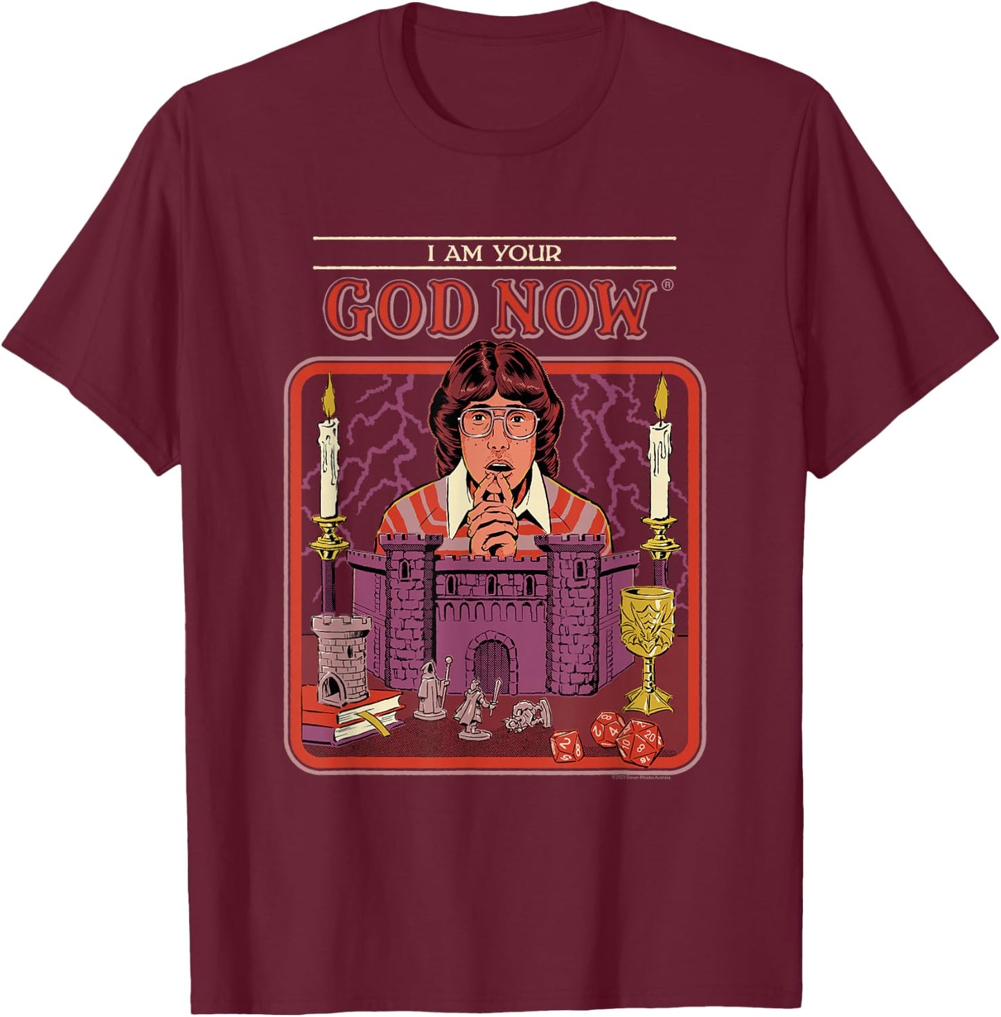 Steven Rhodes Your God Now Tabletop Gaming Retro Dark Humor T-Shirt - T-Shirt | Maroon